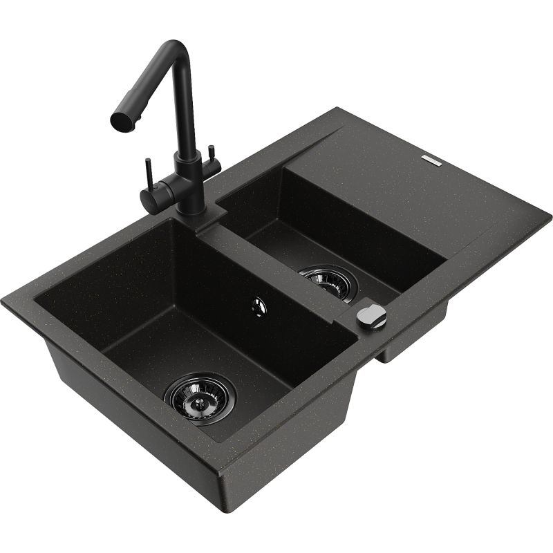 Zlewozmywak granitowy 1.5-komorowy Mexen Gaspar z ociekaczem i baterią Duero czarny/złoty metalik - 6507-75-671600-50 1 szt.