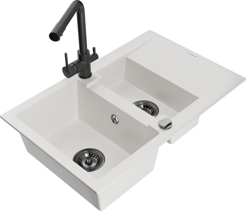 Zlewozmywak granitowy Mexen Gaspar 1,5-komorowy z ociekaczem i baterią kuchenną Duo beżowy - 6507-69-671701-70-B 1 szt.