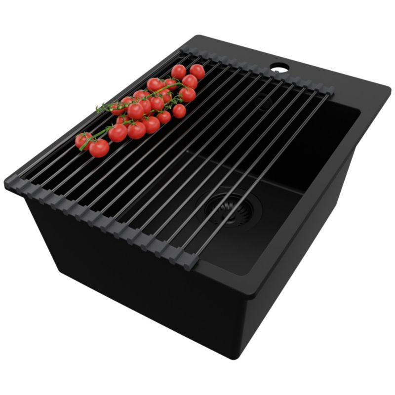 Zlewozmywak Ryga PRIMAGRAN Nablatowy 38x50cm do szafki od 40cm z Syfonem i Dodatkiem Cały Czarny 1 szt.