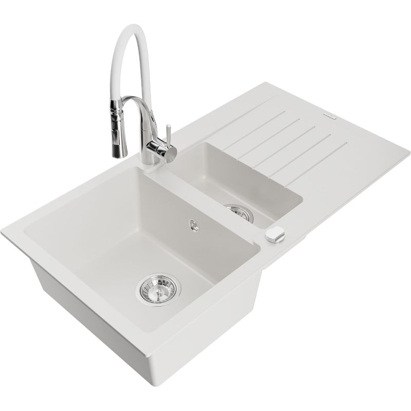 Zlewozmywak granitowy 1.5-komorowy Mexen Matias z ociekaczem i baterią kuchenną Aster biały 6502-20-73450-02