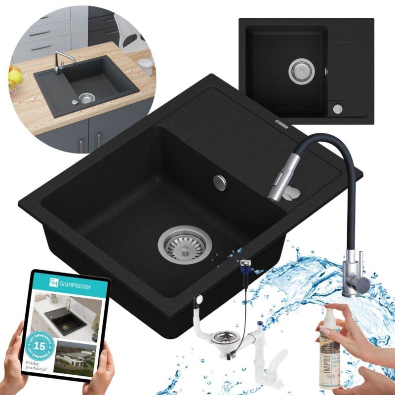 Zestaw zlewozmywak kuchenny GranMaster Smart 1-komorowy z ociekaczem, baterią, syfonem oraz impregnatem, czarny metalik 1szt.