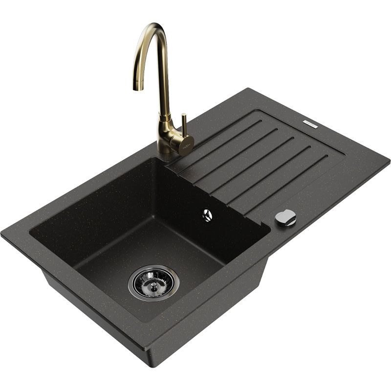 Zlewozmywak granitowy 1-komorowy Mexen Pablo z ociekaczem i baterią kuchenną Telma czarny/złoty 6510-75-670200-50-B