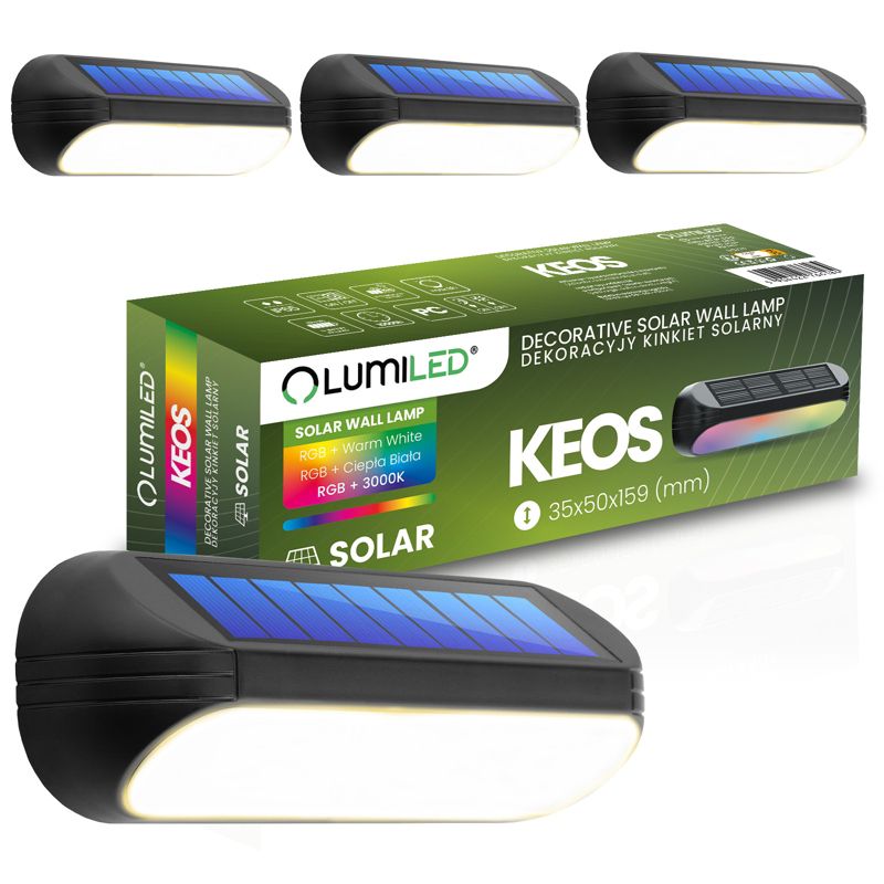 Lampa Solarna LED Lumiled Ogrodowa Kinkiet Ścienny Elewacyjny 3000K + RGB 4 szt.