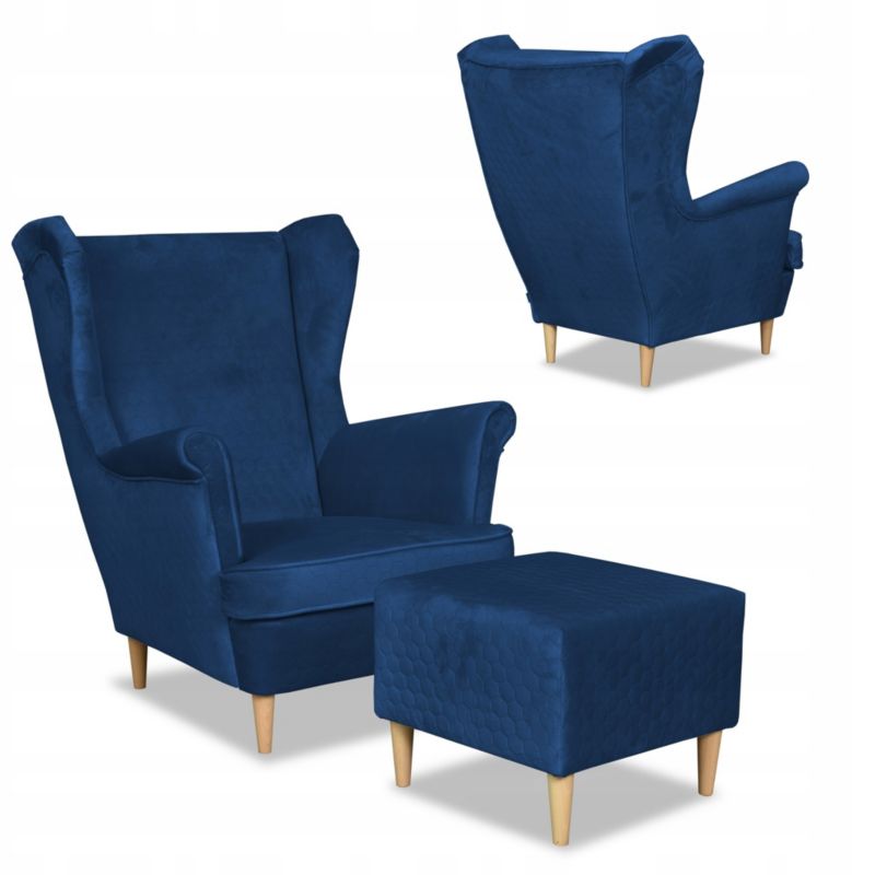 Fotel uszak do salonu z podnóżkiem Family Meble Angelo ciemno niebieski 1szt