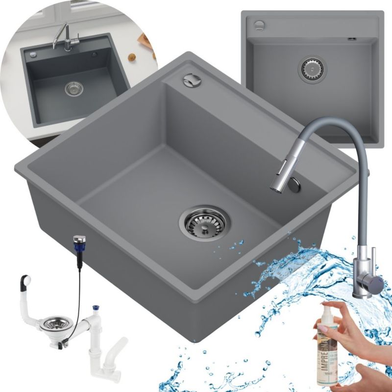Zestaw zlewozmywak kuchenny GranMaster Magma 1-komorowy bez ociekacza, syfonem, impregnatem i baterią - tytan 1szt.