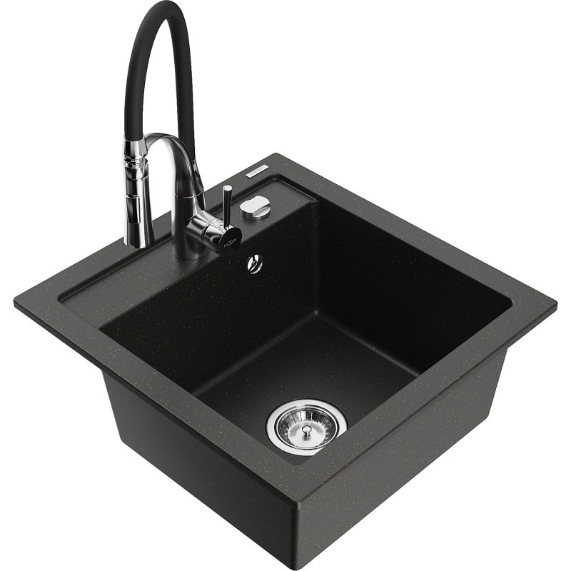 Zlewozmywak granitowy 1-komorowy Mexen Vito z baterią kuchenną Aster czarny/złoty metalik 6503-75-73450-07