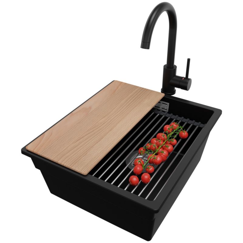 Zlewozmywak Granitowy Praga Slim PRIMAGRAN Nablatowy 41x47cm do szafki od 45cm z Syfonem i Baterią i Dodatkiem Czarny 1 szt.