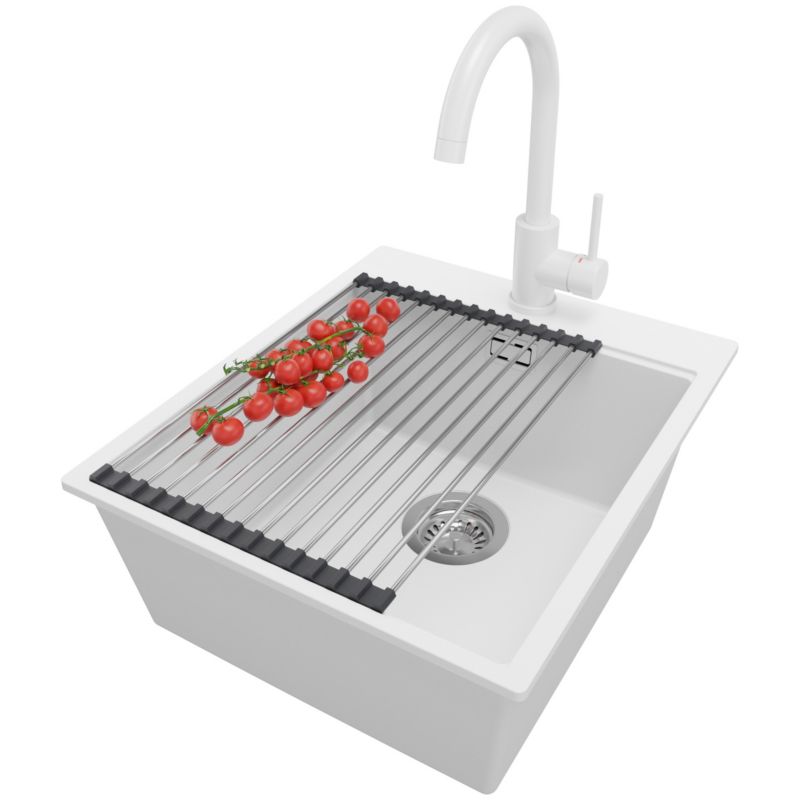 Zlewozmywak Granitowy Oslo PRIMAGRAN Nablatowy 43x50cm do szafki od 45cm z Syfonem i Baterią i Dodatkiem Biały 1 szt.