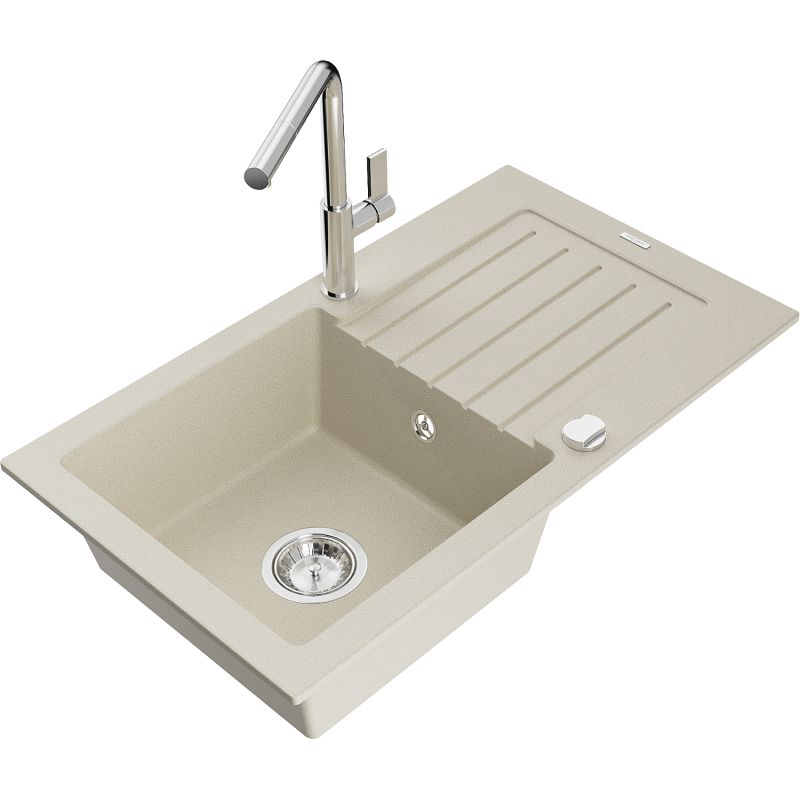 Zlewozmywak granitowy 1-komorowy Mexen Pablo z ociekaczem i baterią kuchenną Flora beżowy 6510-69-670401-00