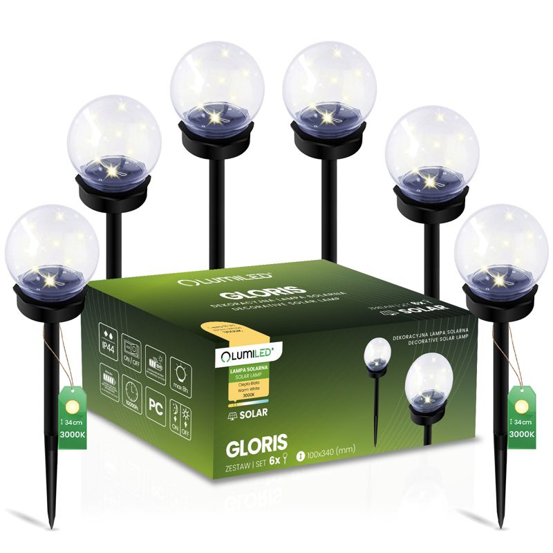 Lampa Solarna Lumiled Ogrodowa LED 3000K IP44 10cm Wbijana Ozdobna Kula 6 szt.