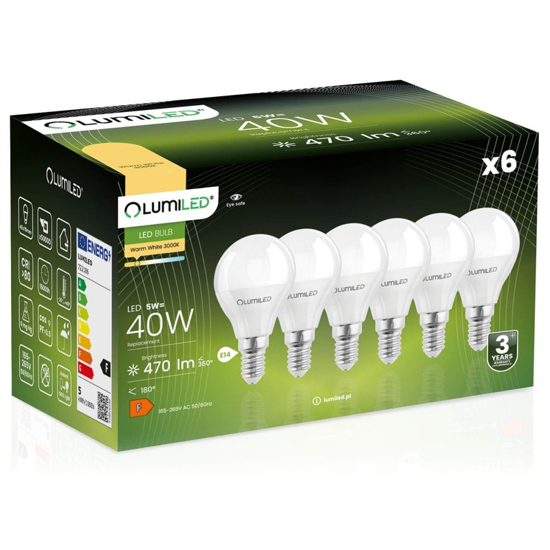 Żarówka LED LUMILED E14 P45 5W 470lm 3000K 180st 6 szt.
