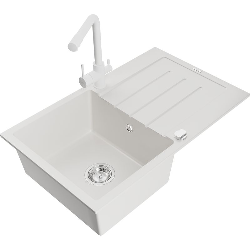 Zlewozmywak granitowy 1-komorowy Mexen Bruno z ociekaczem i baterią kuchenną Duero biały 6513-20-671600-20