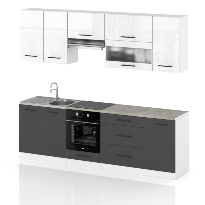 Zestaw Kuchenny Hurtownia-Mebli Z Blatem Kuchnia Marocco 260cm Biały Mat Biały Połysk/Szary Mat 260x52x157 cm 1szt.