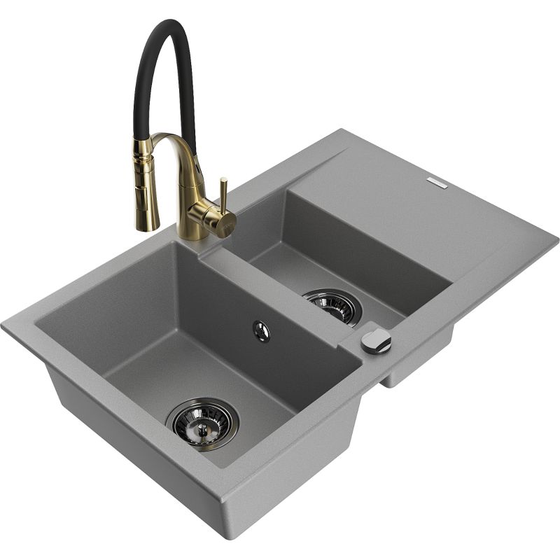 Zlewozmywak granitowy 1.5-komorowy Mexen Gaspar z ociekaczem i baterią kuchenną Aster szary 6507-71-73450-57-B