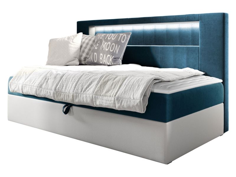 Łóżko kontynentalne MIRJAN 24 Gold Junior 2 90x200 biała ekoskóra/szaroniebieski 1 szt.