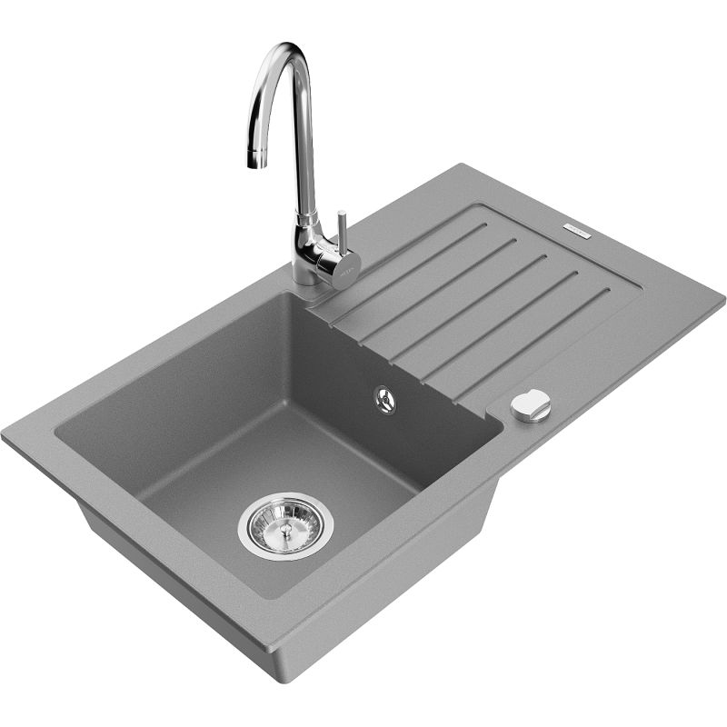 Zlewozmywak granitowy 1-komorowy Mexen Pablo z ociekaczem i baterią kuchenną Telma szary 6510-71-670200-00