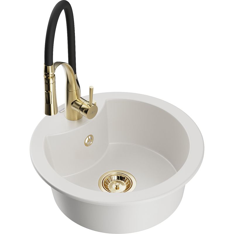 Zlewozmywak granitowy 1-komorowy Mexen Diego z baterią kuchenną Aster biały 6512-20-73450-57-G