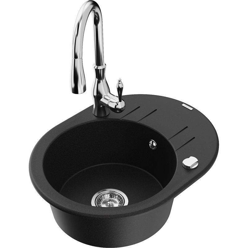 Zlewozmywak granitowy 1-komorowy Mexen Kevin z ociekaczem i baterią kuchenną Savita czarny - 6517-77-672601-50-B 1 szt.