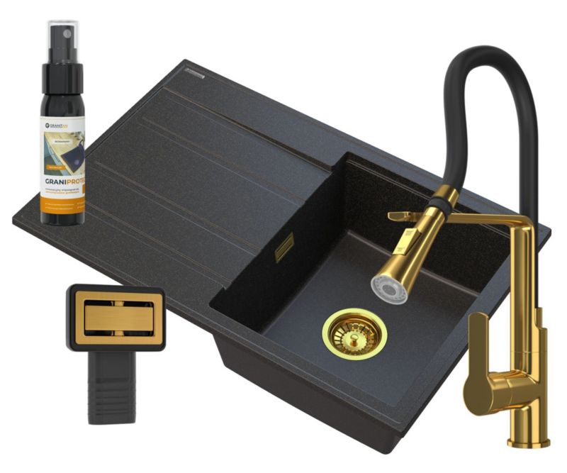 Zlewozmywak Granitowy Jednokomorowy Timor Czarny Z Drobinkami Złota Granitan Zestaw Kuchenny Zlew Bateria Vegas Złota 1 szt.