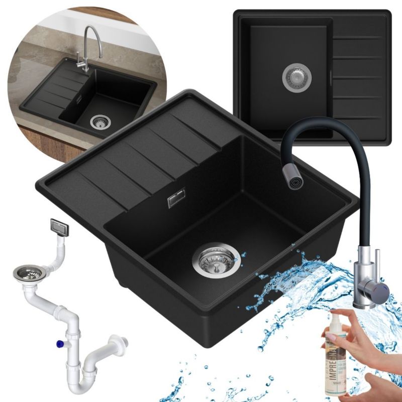Zestaw zlewozmywak kuchenny GranMaster Fondo 1-komorowy z ociekaczem, baterią, impregnatem, syfon - czarny metalik 1szt.