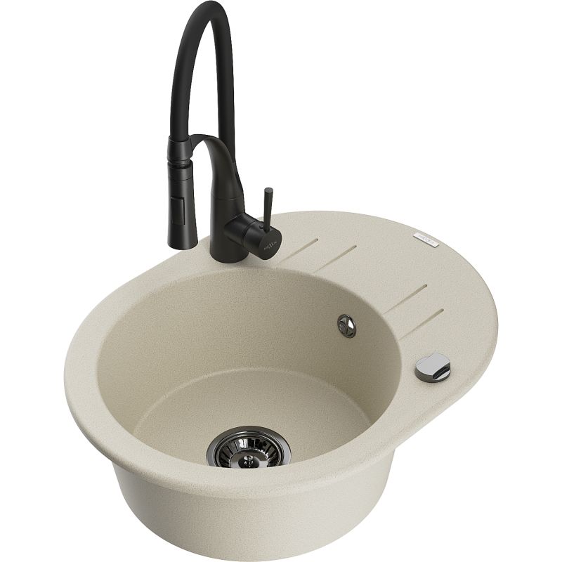 Zlewozmywak granitowy 1-komorowy Mexen Kevin z ociekaczem i baterią kuchenną Aster biały - 6517-20-73450-70-B 1 szt.