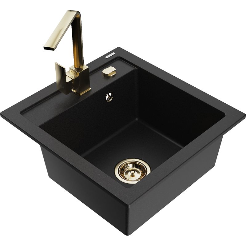 Zlewozmywak granitowy 1-komorowy Mexen Vito z baterią kuchenną Rita czarny 6503-77-670300-50