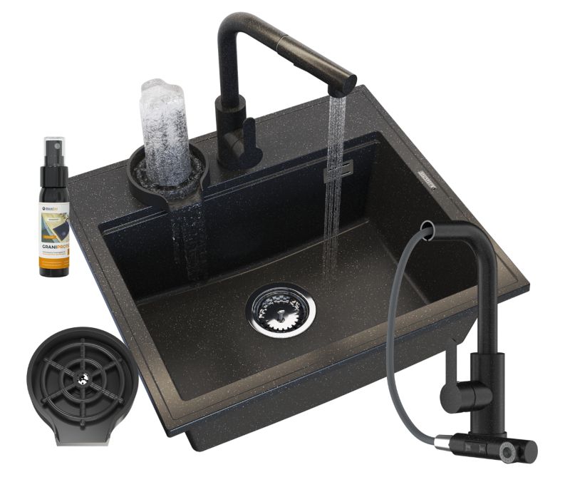 Zlewozmywak Granitowy Kuchenny Granitan Foxal Czarny z Syfonem Złotym, Baterią i Myjką 1kpl.