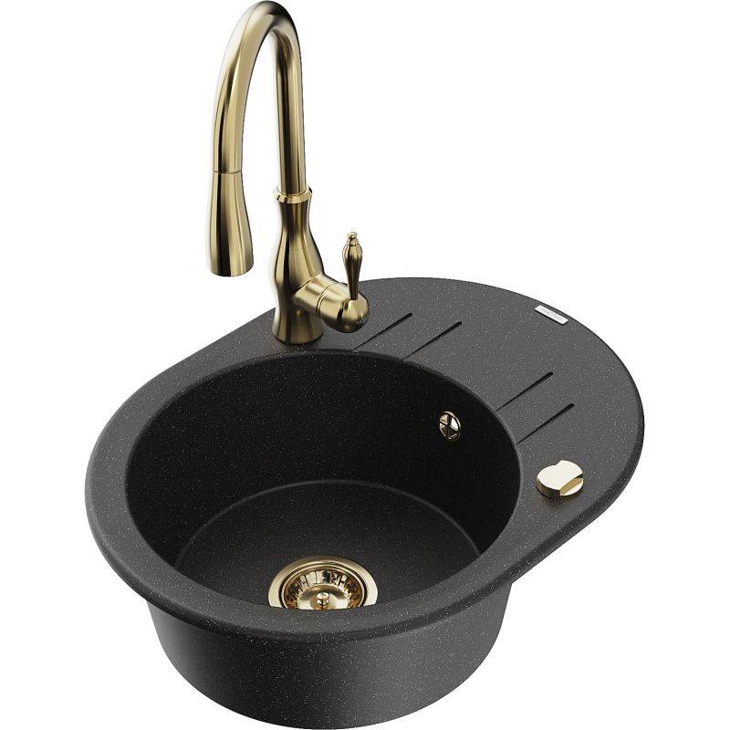 Zlewozmywak granitowy 1-komorowy Mexen Kevin z ociekaczem i baterią kuchenną Savita szary - 6517-71-672601-00 1 szt.