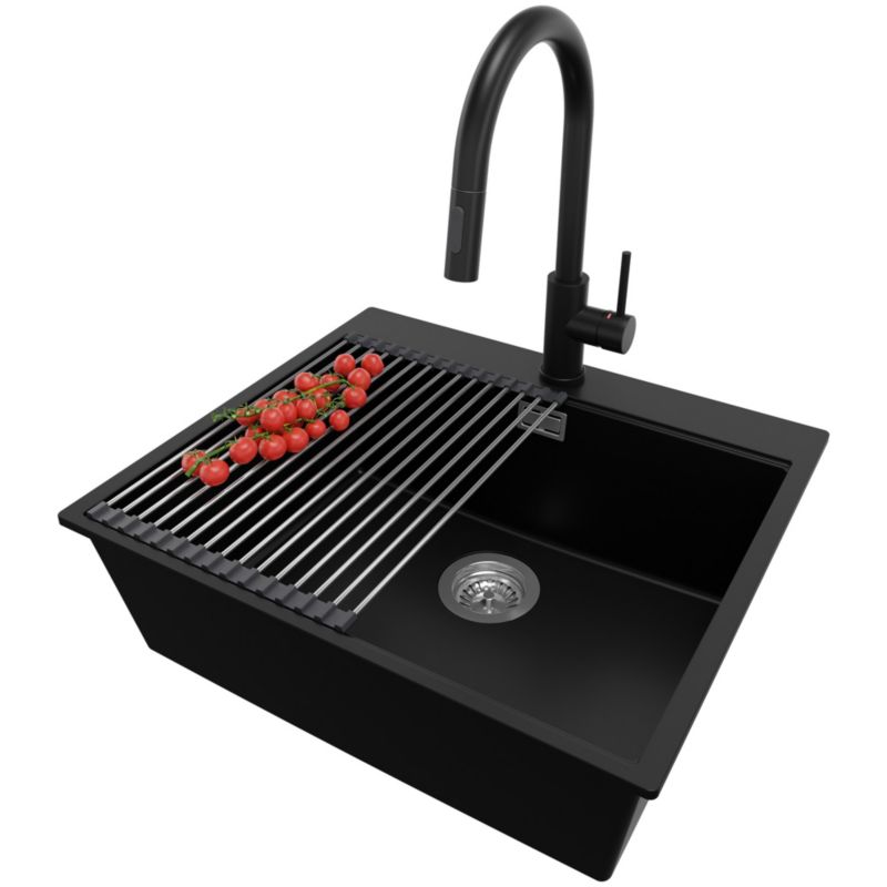 Zlewozmywak Granitowy Oslo PRIMAGRAN Nablatowy 58x50cm do szafki od 60cm z Syfonem i Baterią i Dodatkiem Czarny 1 szt.