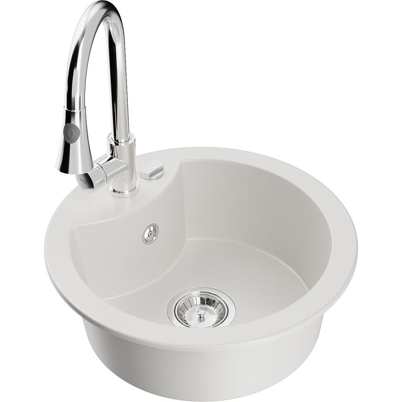 Zlewozmywak granitowy 1-komorowy Mexen Diego z baterią kuchenną Elia biały 6512-20-670101-00