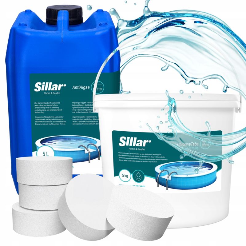 Chlor w tabletkach, Sillar, do basenu, jacuzzi, tabletki 200g, 5kg + Antyglon, w płynie, 5l, zestaw chemii basenowej, 2szt