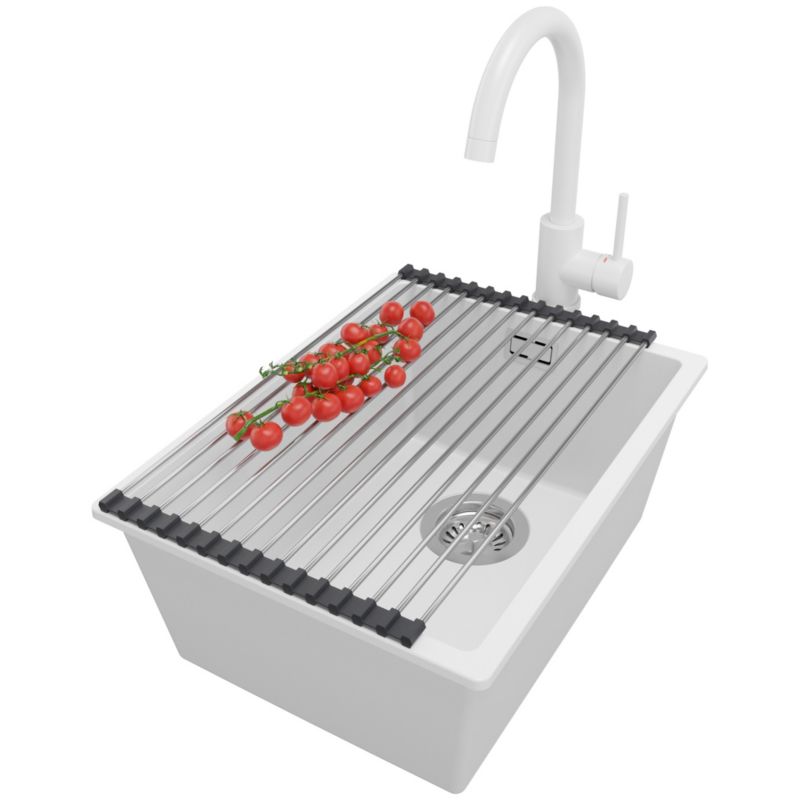 Zlewozmywak Granitowy Londyn Slim PRIMAGRAN Nablatowy 36x47cm do szafki od 40cm z Syfonem i Baterią i Dodatkiem Biały 1 szt.