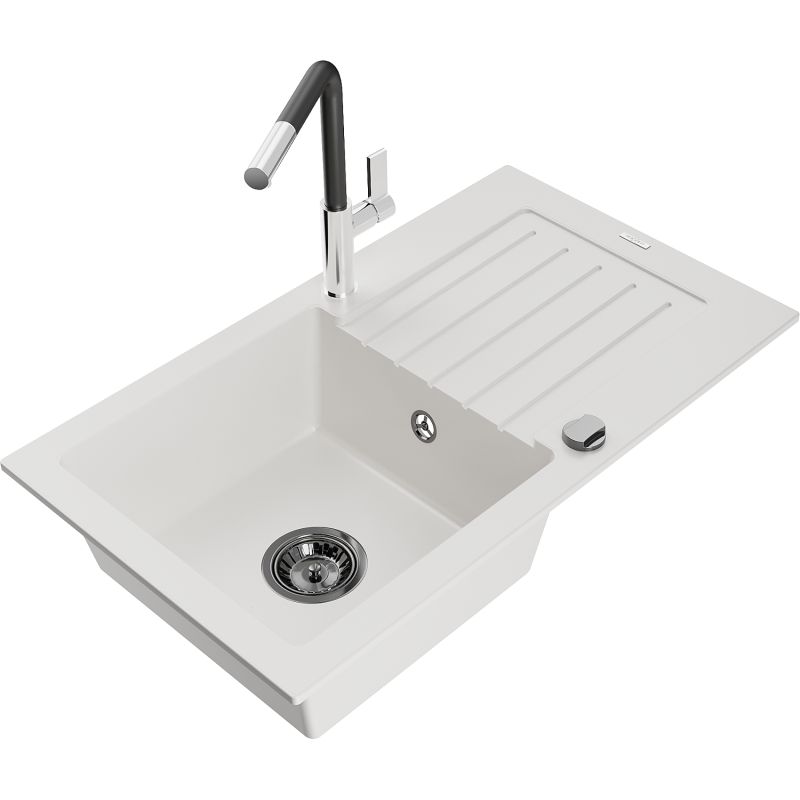 Zlewozmywak granitowy 1-komorowy Mexen Pablo z ociekaczem i baterią kuchenną Flora biały 6510-20-670401-07-B