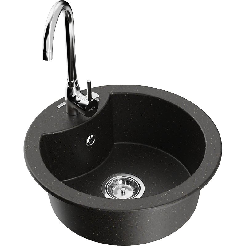 Zlewozmywak granitowy 1-komorowy Mexen Diego z baterią kuchenną Telma czarny/złoty 6512-75-670200-00