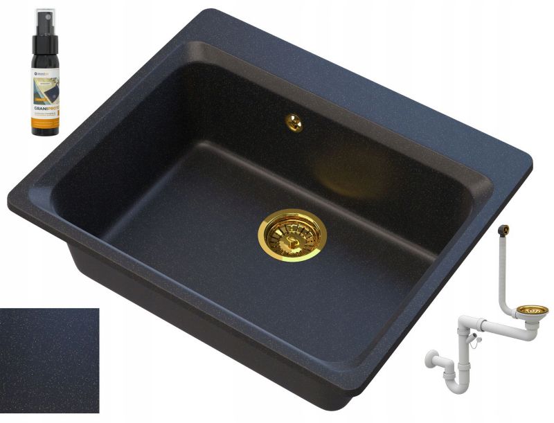 Zlewozmywak Granitowy Kuchenny Granitan Zante Czarny z Drobinkami Złotego z Syfonem 1kpl.