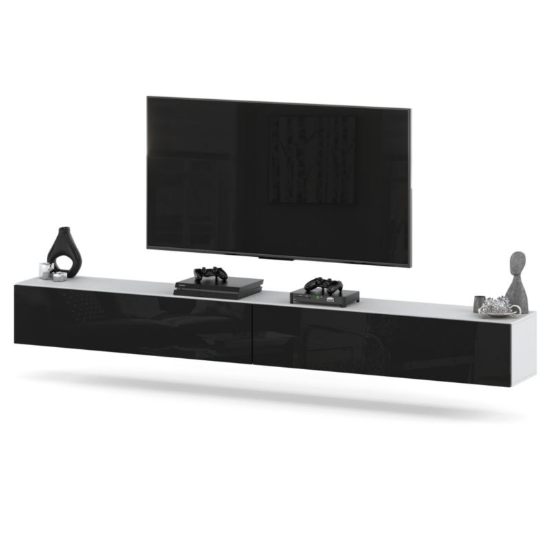 Komoda RTV Hurtownia-Mebli 2 Drzwi RTV Hugo 280cm Biały Mat Czarny Połysk 280x35x40 cm 1szt.