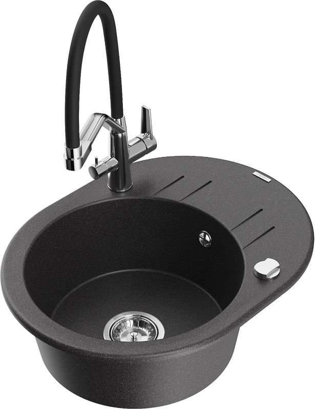 Zlewozmywak granitowy Mexen Kevin 1-komorowy z baterią kuchenną Duo czarny 6517-76-671701-07