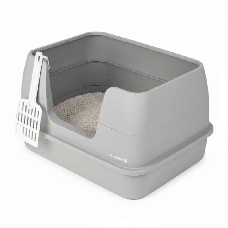 Kuweta dla kota z łopatką Be-active.pl duża otwarta toaleta dla kota z wysokimi ściankami szara 1 szt.
