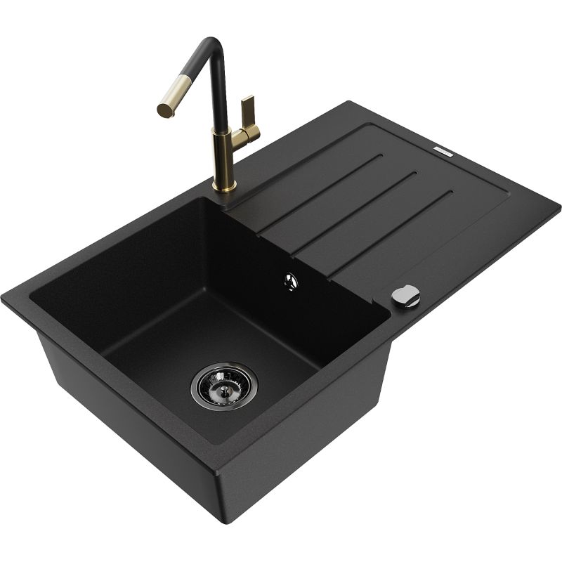 Zlewozmywak granitowy 1-komorowy Mexen Bruno z ociekaczem i baterią kuchenną Flora czarny 6513-77-670401-57-B