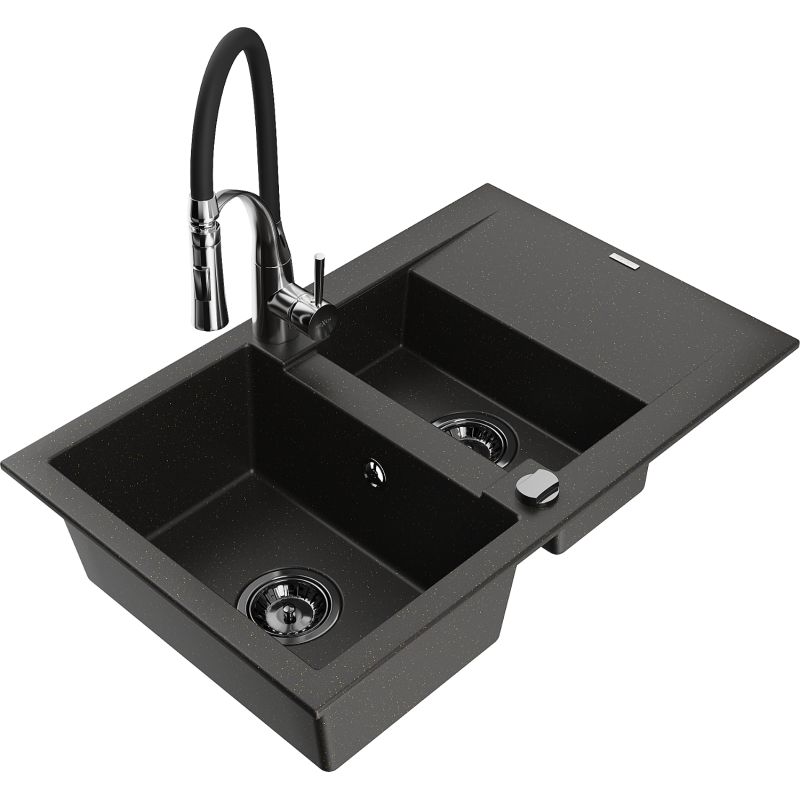 Zlewozmywak granitowy 1.5-komorowy Mexen Gaspar z ociekaczem i baterią kuchenną Aster czarny/złoty metalik 6507-75-73450-07-B