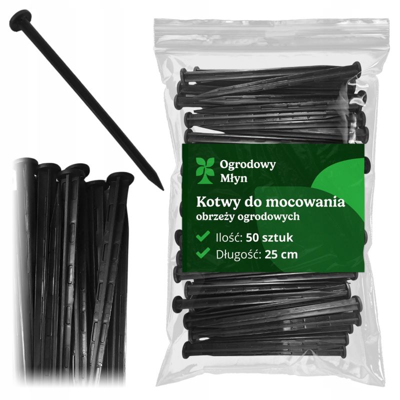 Kotwy Ogrodowy Młyn szpilki do borderów obrzeży 25 cm plastikowe twarde uniwersalne 50 szt