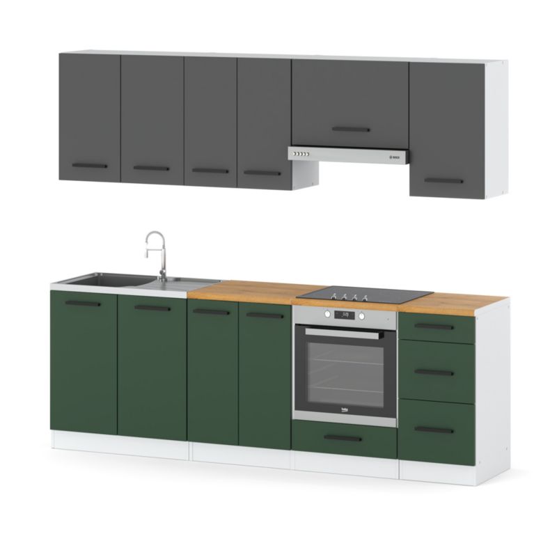 Zestaw Kuchenny Hurtownia-Mebli Z Blatem Kuchnia Mokka Plus 240cm Biały Mat Szary Mat/Butelkowa Zieleń 240x47x145 cm 1szt.