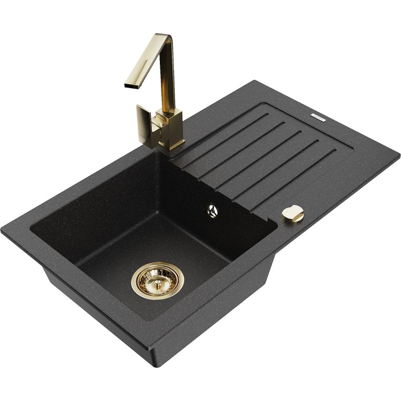 Zlewozmywak granitowy 1-komorowy Mexen Pablo z ociekaczem i baterią kuchenną Rita czarny/złoty metalik - 6510-75-670300-70 1 szt.