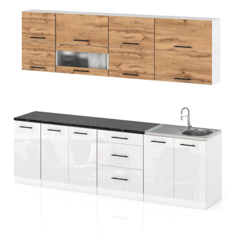 Zestaw Kuchenny Hurtownia-Mebli Z Blatem Kuchnia Robo Lux 260cm Biały Mat Dąb Wotan/Biały Połysk 260x52x157 cm 1szt.