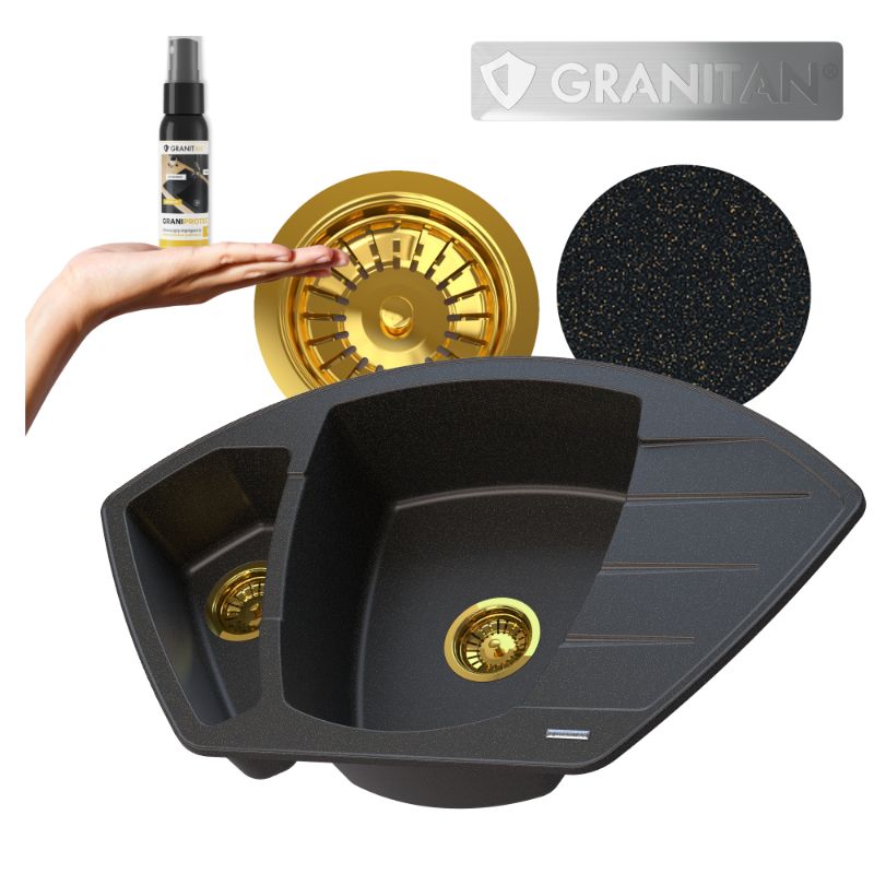 lewozmywak Dwukomorowy granitowy Granitan Compact Zestaw Zlew Czarny Z Drobinkami Złota Syfon Złoty 1 kpl.
