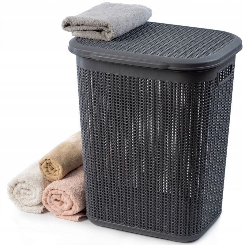 Kosz Na Pranie KADAX Bieliznę 50L Pojemnik Plastikowy Duży Z Pokrywą Ciemny szary 1 szt.
