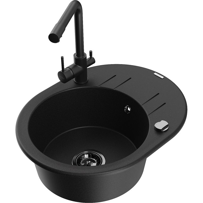 Zlewozmywak granitowy 1-komorowy Mexen Kevin z ociekaczem i baterią kuchenną Duero czarny - 6517-77-671600-00 1 szt.