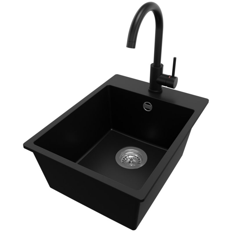 Zlewozmywak Granitowy Ryga PRIMAGRAN Nablatowy 38x50cm do szafki od 40cm, Czarny + Bateria 32x20cm + Syfon, S045, 1 szt.