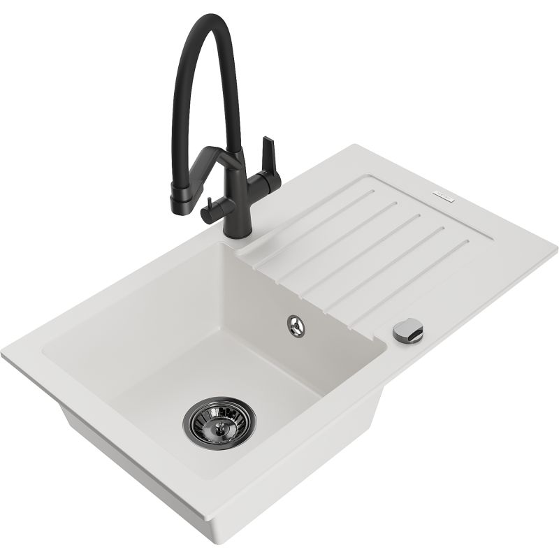 Zlewozmywak granitowy 1-komorowy Mexen Pablo z ociekaczem i baterią kuchenną Duo czarny - 6510-77-671701-70-B 1 szt.