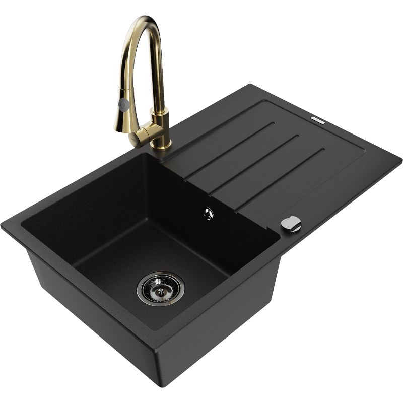 Zlewozmywak granitowy 1-komorowy Mexen Bruno z ociekaczem i baterią kuchenną Elia czarny 6513-77-670101-50-B